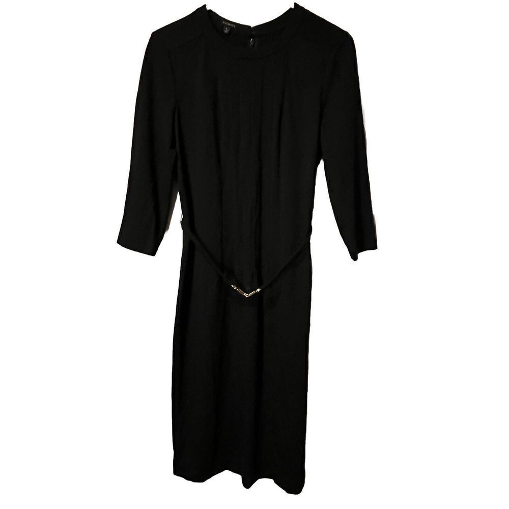Talbots Black Pleated Dress Sz 6 3/4‎ Sleeve Midi Belted Zip Professional EUC